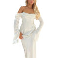 Women's Solid Color Satin Long Dress, Slit Long Sleeve Off Shoulder Backless Back Zipper Slim Dress for Party Club.
