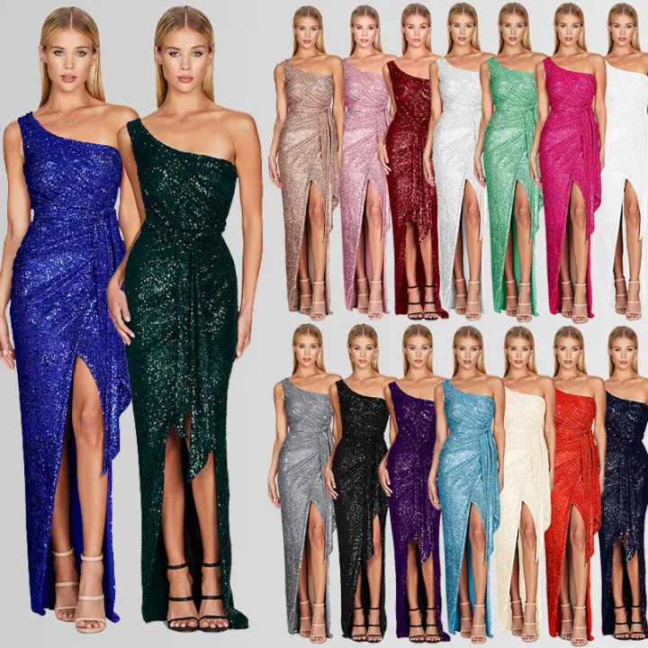 Single%20Shoulder%20Lace%20Up%20Pleated%20Dress%20with%20Sequins%202024%20Fasfish%20-%20Image%202