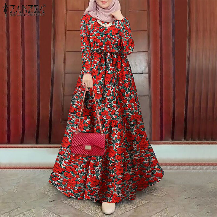 ZANZEA%20Muslimah%20Women%20Muslim%20Long%20Sleeve%20Belted%20Waist%20Floral%20Kaftan%20Outing%20Loose%20Maxi%20Dress%20-%20Image%203