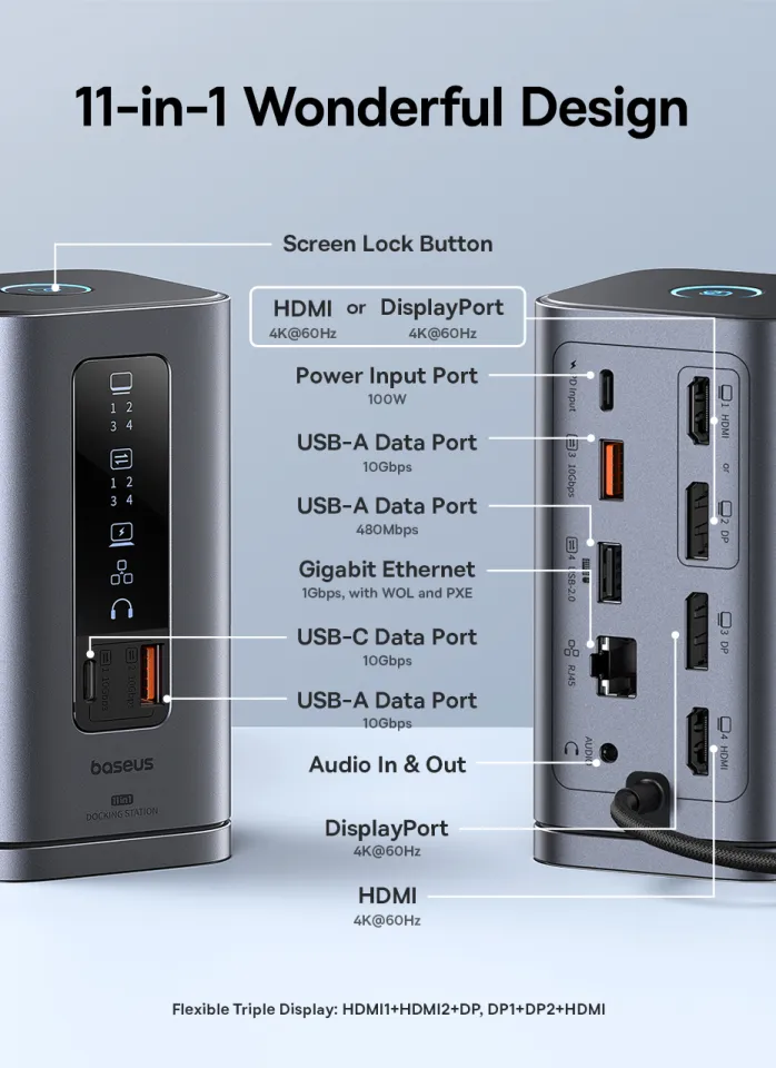 Station d'accueil USB C Hub, Baseus 13-in-1 Station d'accueil 2 HDMI 4K@60Hz, DisplayPort, VGA, Transfert de données 10Gbps, PD 100W et Ethernet pour Ordinateur Portable Dell/HP/Lenovo/Surface