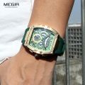 MEGIR Fashion Sport Quartz Watch for Men Waterproof Golden Green Silicone Strap Chronograph Wristwatch with Date Luminous Hands. 