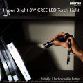 Geepas GFL4659 Rechargeable LED Flashlight - Portable Waterproof Hyper Bright 3W CREE LED Torch Light | 1.5 Hours Working with 1000M Distance Range. 