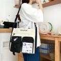 Canvas Woman Handbag Spans Large Capacity Collapsible Student Cute Sticker Tote Bag Zipper Tote Bag Shopping Bag Book Bag Girl. 