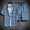 Hawaiian Style Beach Pants Men's Loose Quick-Dry Casual Suit Printed Shirt Shorts Couple plus Size Set. 