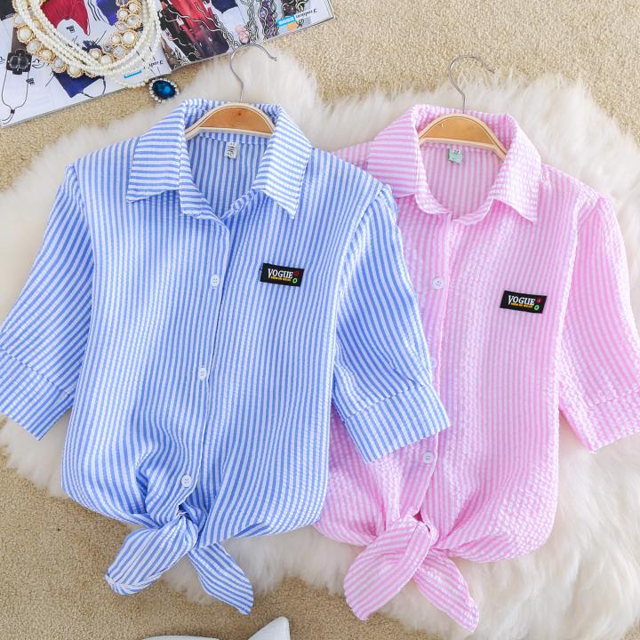 Chiffon%20Short-Sleeved%20Shirt%20for%20Female%20Students%20Stripe%20College%20Style%20Versatile%20Spring%20and%20Summer%20New%20plus%20Size%20Bow%20T%20T-shirt%20-%20Image%203