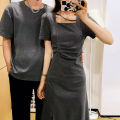 Couple Wear One Dress One Dress French Simplicity Square Collar Solid Color SummerXSplit Long Dress MenTT-shirt. 