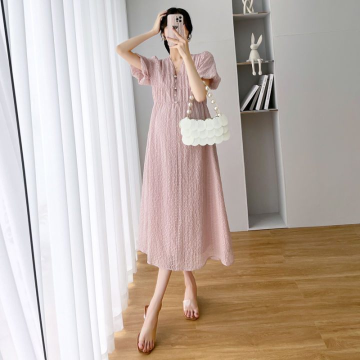 8237#%202022%20Summer%20Korean%20Fashion%20Maternity%20Long%20Dress%20Elegant%20A%20Line%20Loose%20Clothes%20for%20Pregnant%20Women%20Ins%20Pregnancy%20Postpartum%20-%20Image%204