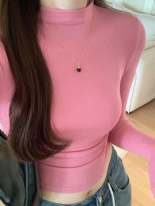 Hot Girl Slim Fit Slimming Long Sleeves T Women's Autumn T-shirt 2023 New Half Turtleneck Short Pleating Bottoming Shirt Top