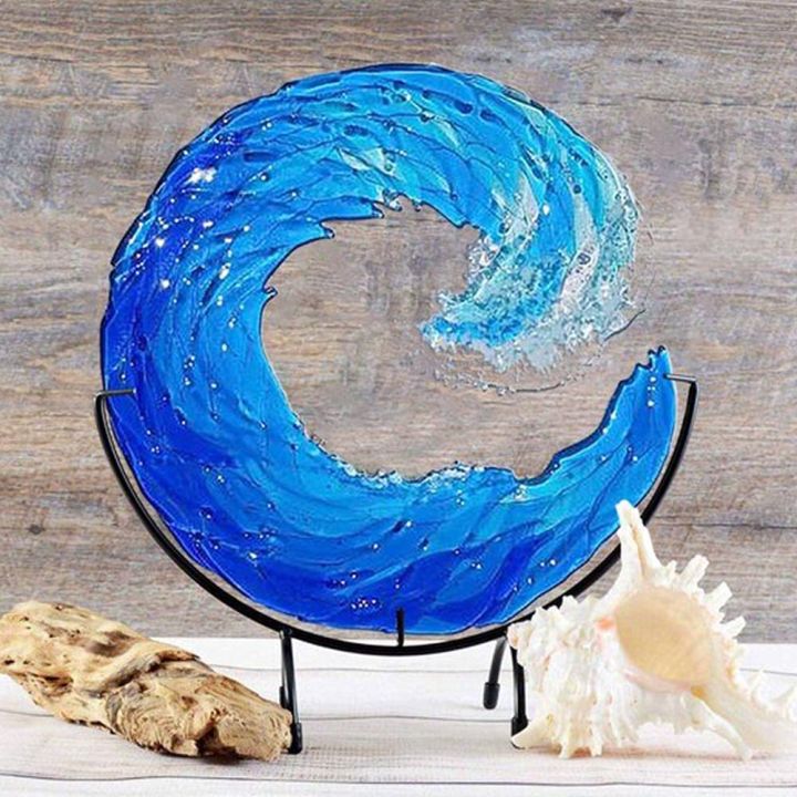 Ocean Wave Fused Glass Sculpture, Creative Gradient Blue Wave Sculpture Ornament Decoration, Ocean Waves Shape Resin Art Crafts for Home Decor