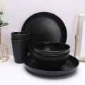 3pcs/set Durable Plastic Black Tableware Set Vertical Stripes Anti-fall Cutlery Set Plate/Bowl/Cup Party. 