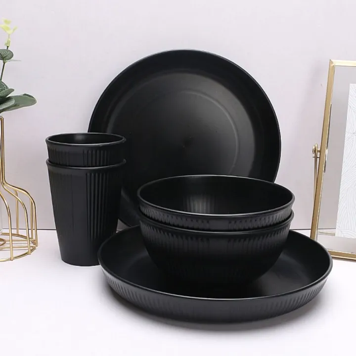 3pcs/set%20Durable%20Plastic%20Black%20Tableware%20Set%20Vertical%20Stripes%20Anti-fall%20Cutlery%20Set%20Plate/Bowl/Cup%20Party%20-%20Image%206
