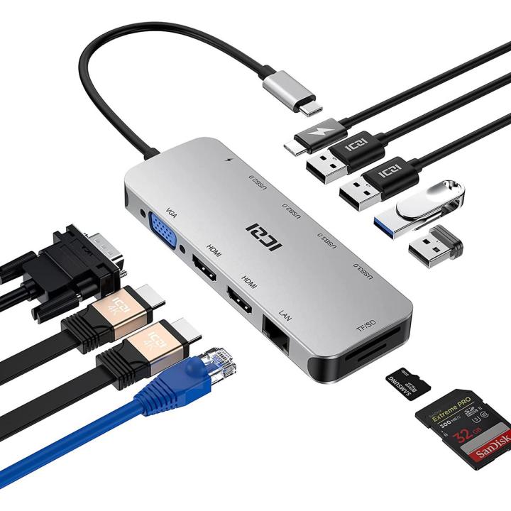 Dual HDMI Docking Station ICZI USB C Hub 11-in-1 USB C Multiport Adapter with 2 HDMI 4K 30Hz, 4 USB 3.0 / 2.0, Gigabit Ethernet,
