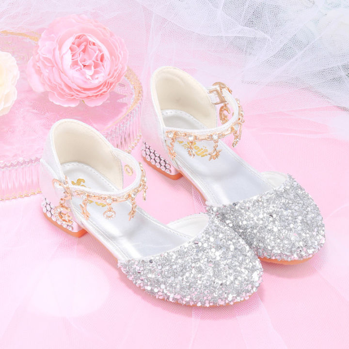Fancy Kids Elegant Rhinestone Strap Silver Dress Shoe w/ Small Heel main image 1