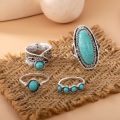 Finger Ring Alloy Material Boho Style Feather Turquoise Ring Set for Women 4pcs Wide Band Jewelry Gift Stylish Metal Ring.