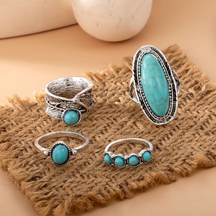 Finger%20Ring%20Alloy%20Material%20Boho%20Style%20Feather%20Turquoise%20Ring%20Set%20for%20Women%204pcs%20Wide%20Band%20Jewelry%20Gift%20Stylish%20Metal%20Ring%20-%20Image%204