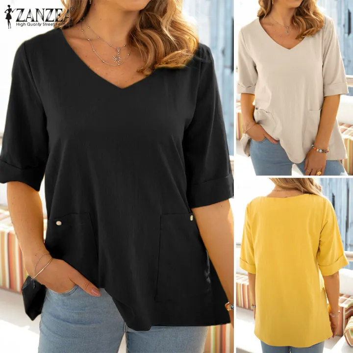 ZANZEA%20Women's%20Tops%20Ladies%20Short%20Sleeve%20Shirt%20Plain%20Casual%20Loose%20Tunic%20Blouse%20#15%20-%20Image%205