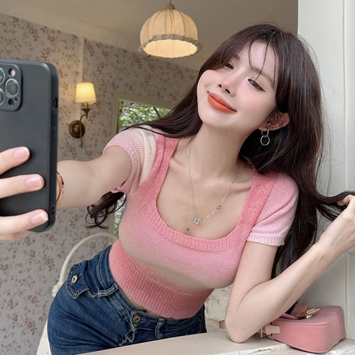 Summer%20Gradient%20Color%20Knitted%20T-shirt%20Women%20Square%20Collar%20Short%20Sleeve%20Slim%20Crop%20Top%20-%20Image%206