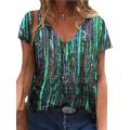 Short Sleeve Women T-Shirts Summer Female High Street Tee Lady Striped Print Casual Tops 5XL Large Size V-Neck T-Shirt Pullovers. 