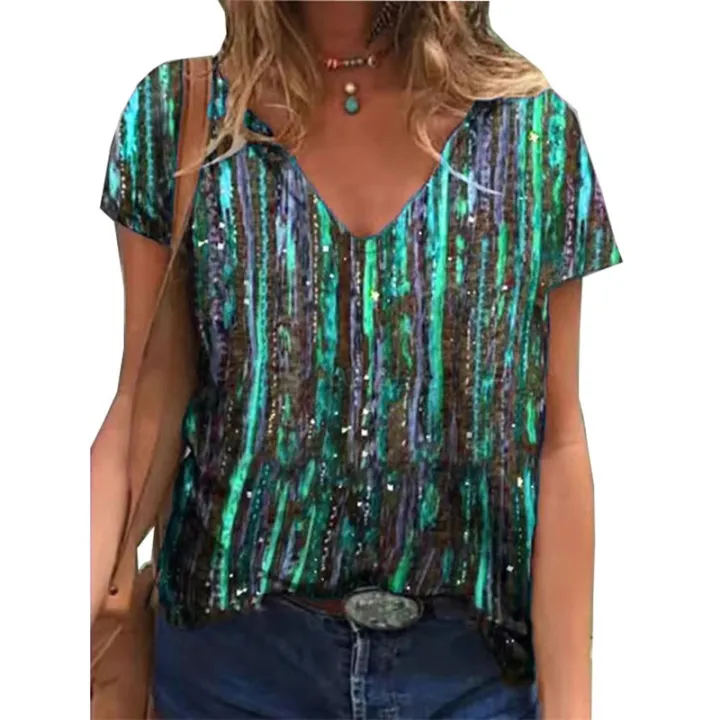 Short%20Sleeve%20Women%20T-Shirts%20Summer%20Female%20High%20Street%20Tee%20Lady%20Striped%20Print%20Casual%20Tops%205XL%20Large%20Size%20V-Neck%20T-Shirt%20Pullovers%20-%20Image%206