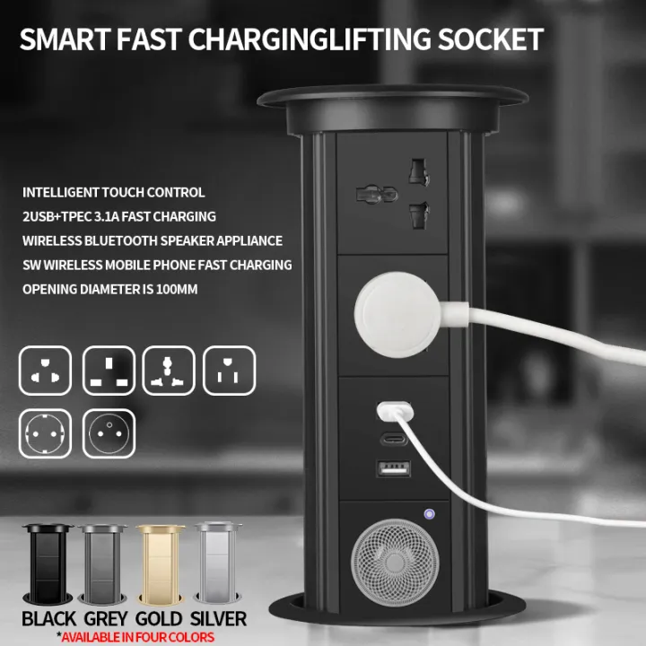 Motorized Pop up Socket Wireless Charger Automatic Power Plug Desktop Worktop Table,Eu Fr Socket USB Type-C Lift Socket