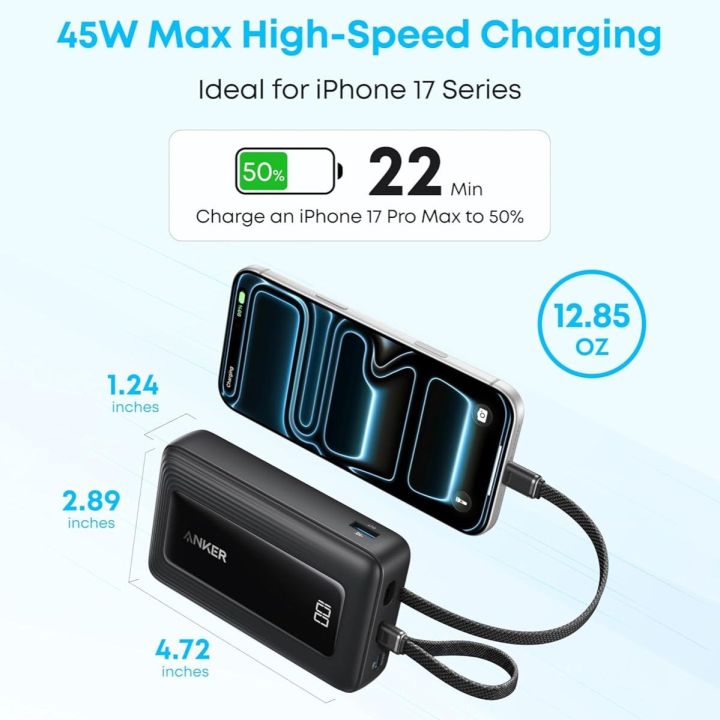 Anker Zolo A110M 45W Power Bank with Built-in Dual Type-C Cable - 20000mah , Dual Built-in USB-C Cables, USB-C&A Port, for iPhone 17/16 Series, Galaxy, and More