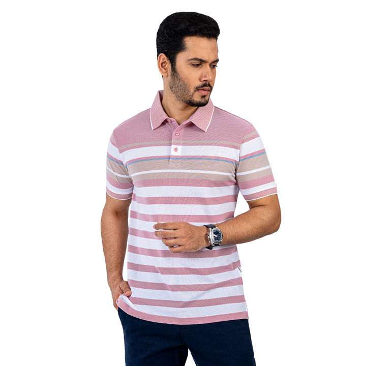 Richman Cotton Pink Color Stripe Polo For Men