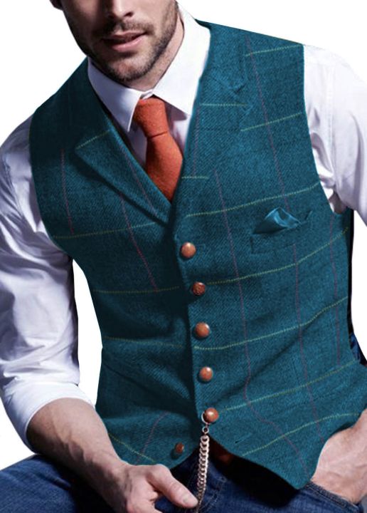Mens Business Formal Dress Suit Vest Slim Fit Plaid V-neck Casual Waistcoat Wedding For Tuxedo Men Vest