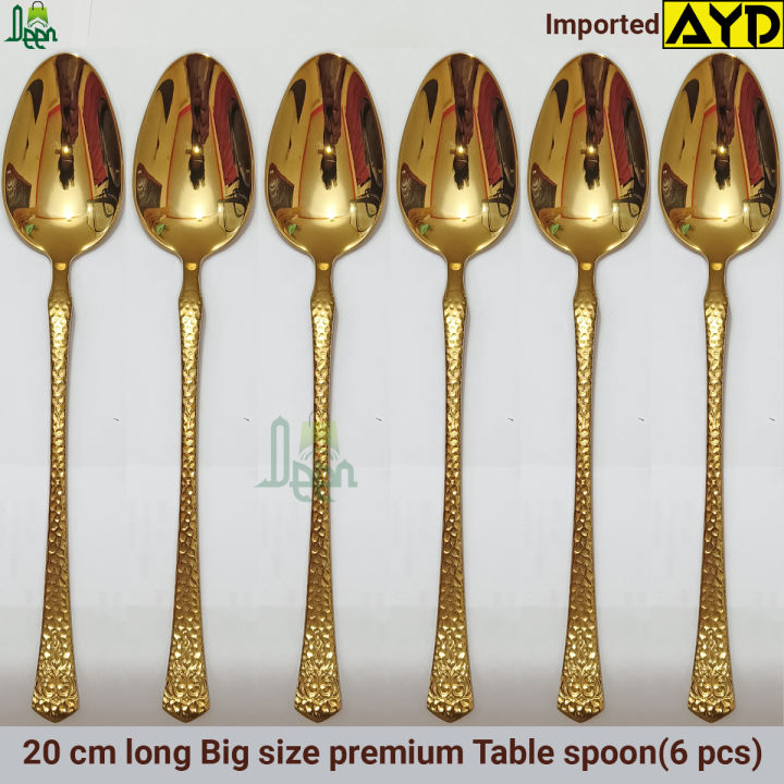 6 pcs premium quality Big Size Table spoon 20 cm long Table spoon Golden spoon , Best tableware Table Spoon (6 pcs set Table Spoon)Design-2