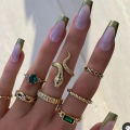 8Pcs Vintage Geometry Snake Green Crystal Open Ring Set for Women Accessories. 