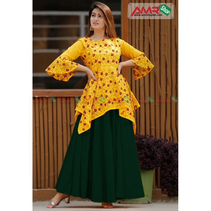 New Attractive Eid Collection 2022 Exclusive 2 Piece Skirt Kurti, Yellow And Bottle Green Color