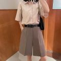 Women Summer Solid High Waist Shorts Loose Korean Style Fashion Vintage Female Knee Length Straight Wide Leg Suit Pants.