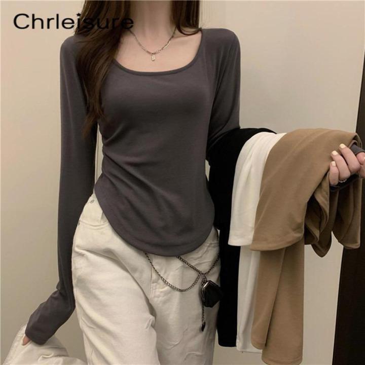CHRLEISURE Women Irregular T-Shirts Long Sleeve Casual Spring Autumn Solid Crop Tops Square Neck Fashion Slim Tees Shirts New