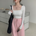 Early Autumn Hot Girl Square Collar Short Top for Women 2024 New Korean Style Fitted Bottoming Bottoming Shirt Long Sleeve T T-shirt Women's Fashion.