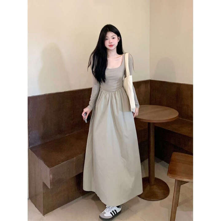 French style square neck dress for women's autumn 2024 new collection waist cinching and slimming effect paired with a base long sleeved skirt