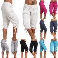 Plus Size Women's Sequined Pleated Drawstring Capri Pants. 