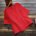 Sleeve Spliced Hollow Out Tops Blouse Round Neck Loose Ladies Retro Casual Petticoat Solid Color Cotton Linen Top Half Sleeve Round Neck Stitched Shirt Hollow Top Women Shirt Half.