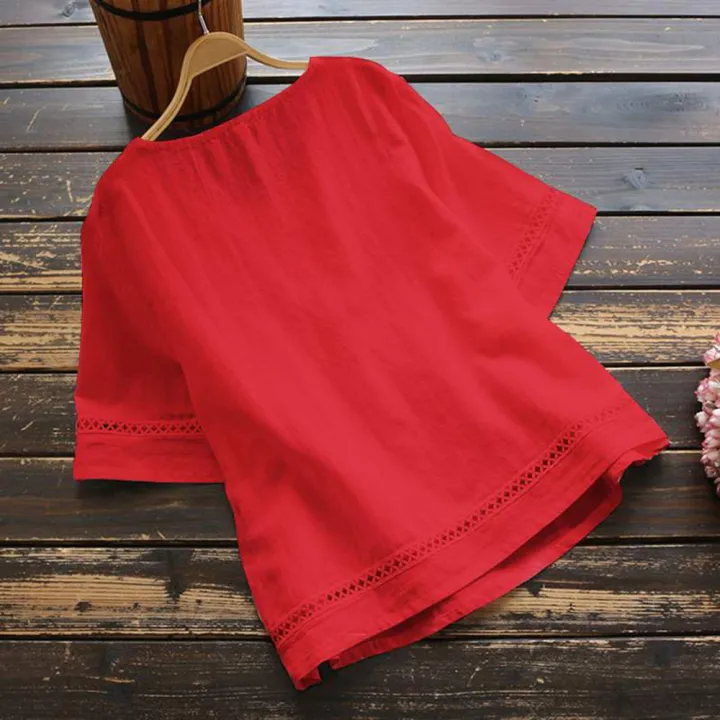 Sleeve%20Spliced%20Hollow%20Out%20Tops%20Blouse%20Round%20Neck%20Loose%20Ladies%20Retro%20Casual%20Petticoat%20Solid%20Color%20Cotton%20Linen%20Top%20Half%20Sleeve%20Round%20Neck%20Stitched%20Shirt%20Hollow%20Top%20Women%20Shirt%20Half%20-%20Image%202