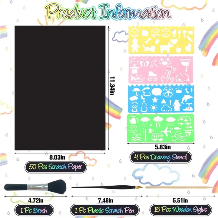 Scratch%20Paper%20Art%20Set%20Replacement%20Spare%20Parts%2050%20Sheets%208x11in%20Rainbow%20Coated%20Scratchboard%20Large%20Scratch%20Paper%20with%20Wooden%20Styluses%20and%20Stencils%20-%20Image%202