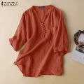 Women V Neck 3/4 Sleeve Solid Shirt 2023 Casual Loose Blouse - Cotton Blusas.