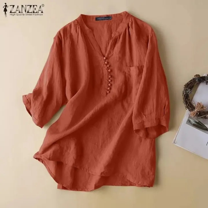 Women%20V%20Neck%203/4%20Sleeve%20Solid%20Shirt%202023%20Casual%20Loose%20Blouse%20-%20Cotton%20Blusas%20-%20Image%206