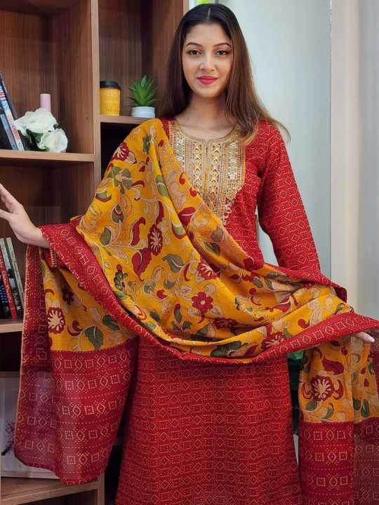 New Exclusive Readymade Cotton Red Three Piece For Women