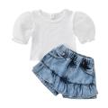 2Pcs Girls Summer Outfit, Patchwork Bubble-Sleeve Blouse + Frill Denim Shorts Set for Kids, 6 Months to 4 Years. 