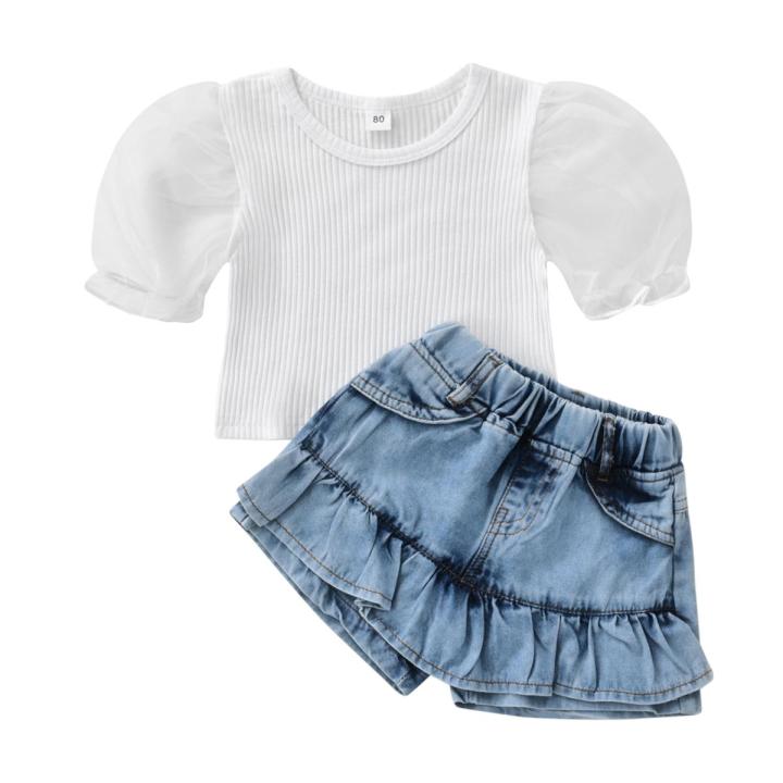 2Pcs Girls Summer Outfit, Patchwork Bubble-Sleeve Blouse + Frill Denim Shorts Set for Kids, 6 Months to 4 Years