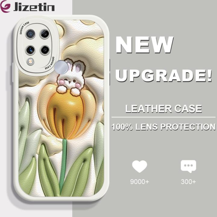 Jizetin for Realme C15 Back Cover Creative Flowers Rabbit Lambskin Texture PU Leather Back For Girls Boys Soft Phone Case