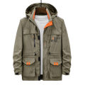 Autumn and Winter Cargo Pants Outdoor Leisure Jacket Men's Mid-Length Fleece-lined Multi-Pocket Hooded Jacket Men's Jacket. 