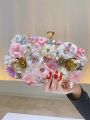 3D Beaded Flower Evening Bag, Elegant Box Clutch Purse, Women's Wedding Handbags For Party Prom. 