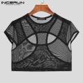 Men T Shirt O-neck Hollow Out Short Sleeve Mesh See Through Sexy Crop Tops Men Streetwear Skinny Camisetas S-5XL.