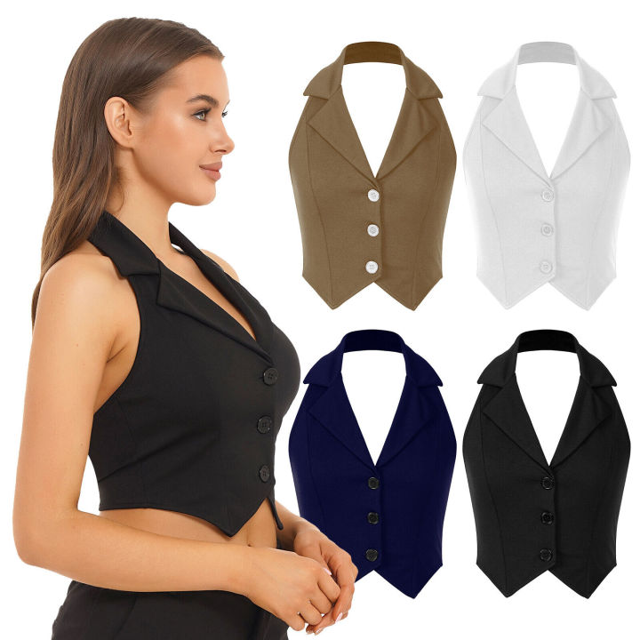 Women Notched Lapel Backless Button Down Suit Vest Solid Color Casual Waistcoat 2025.