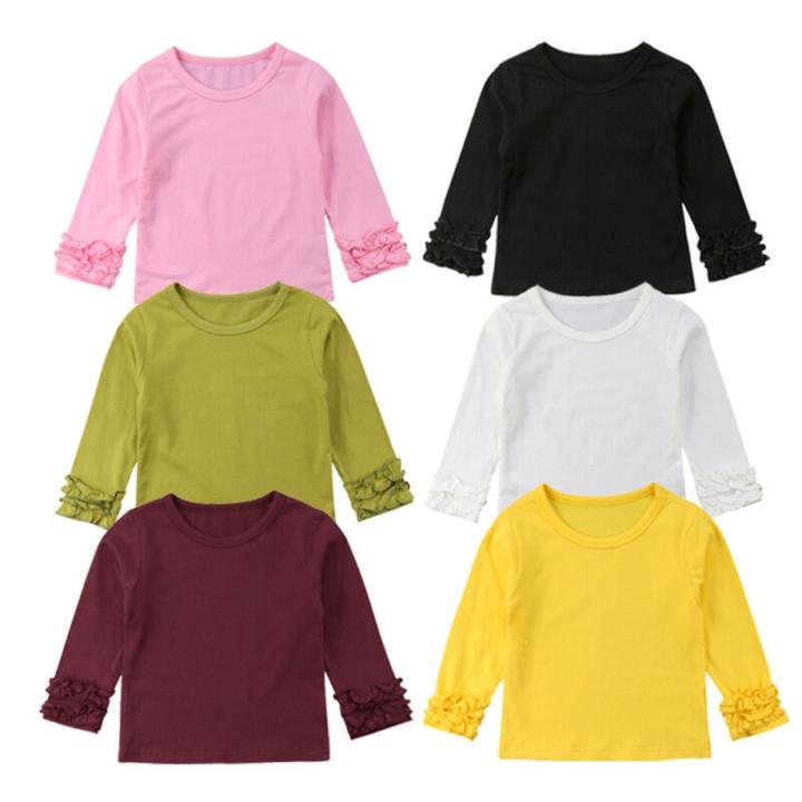1-5Years Kids Baby Girl Ruffle Long Sleeve T-shirt Tops Solid Cotton Casual Children Basic T Shirts Girls Clothes Summer Autumn