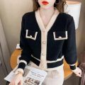 Cardigan Sweater Women's 2023 Spring and Autumn New Style Small Fragrant V-neck Coat Short Western-style Bottom Shirt Top.